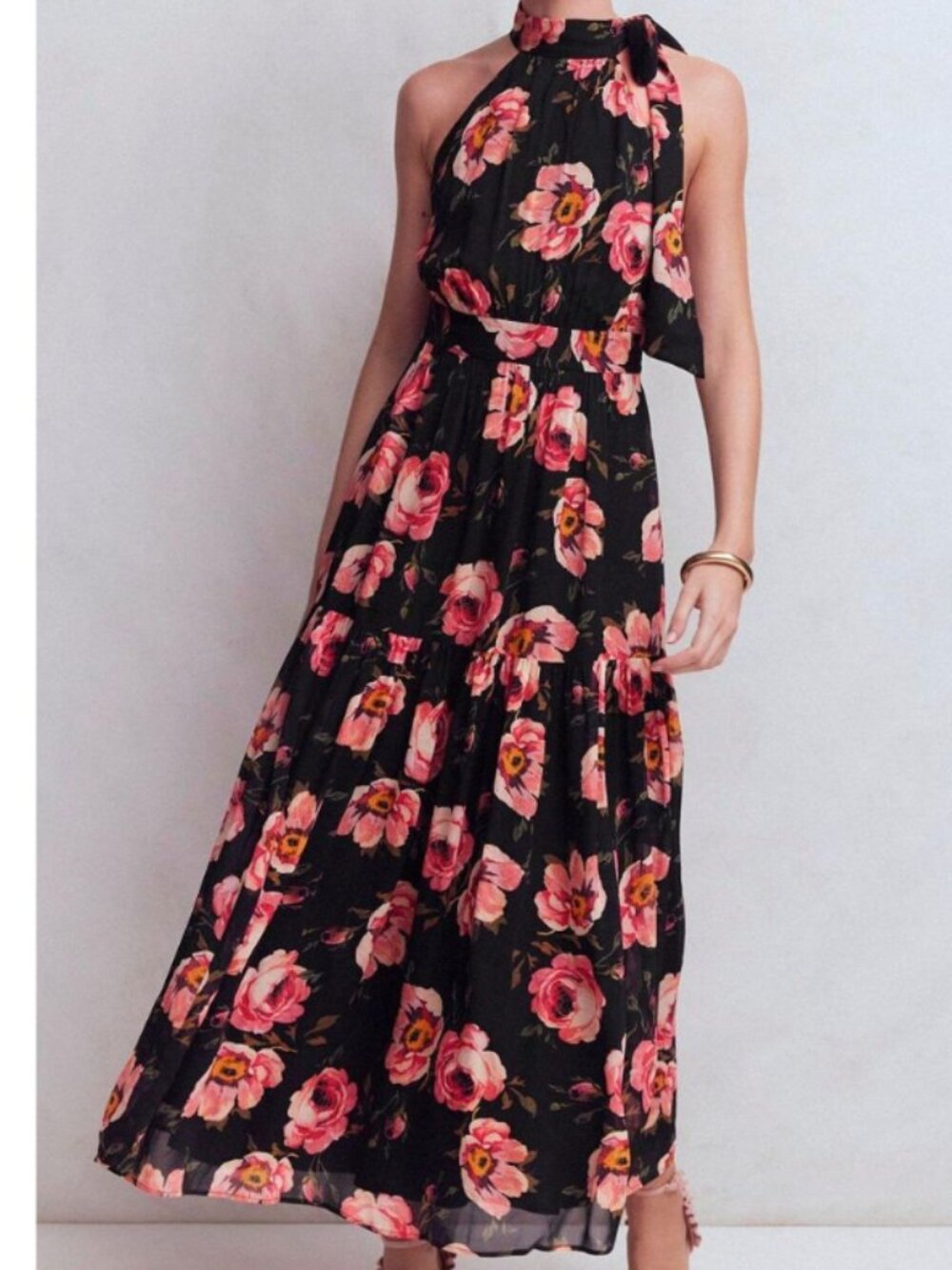 Boden Women's Roisin Tie Neck Maxi Dress Black and Pink Floral